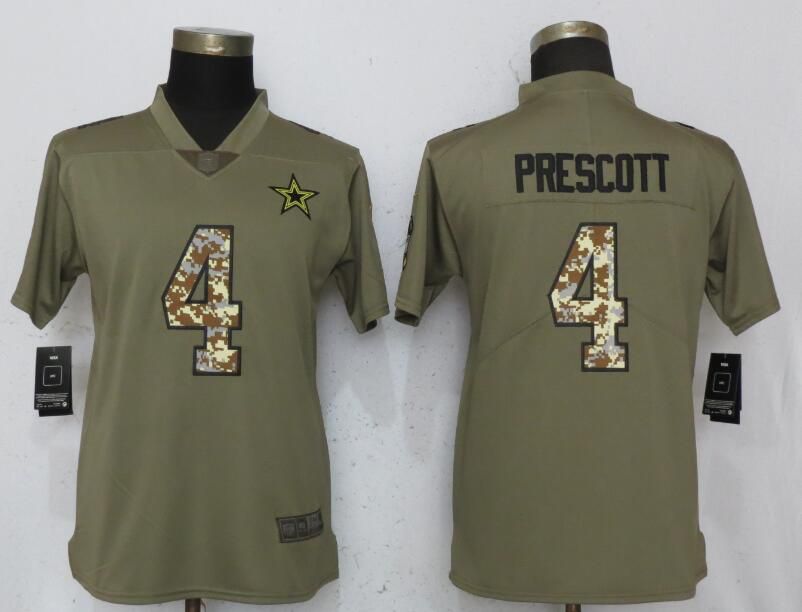 Women Dallas Cowboys #4 Prescott Olive Camo Carson Nike Salute to Service Player NFL Jerseys->women nfl jersey->Women Jersey